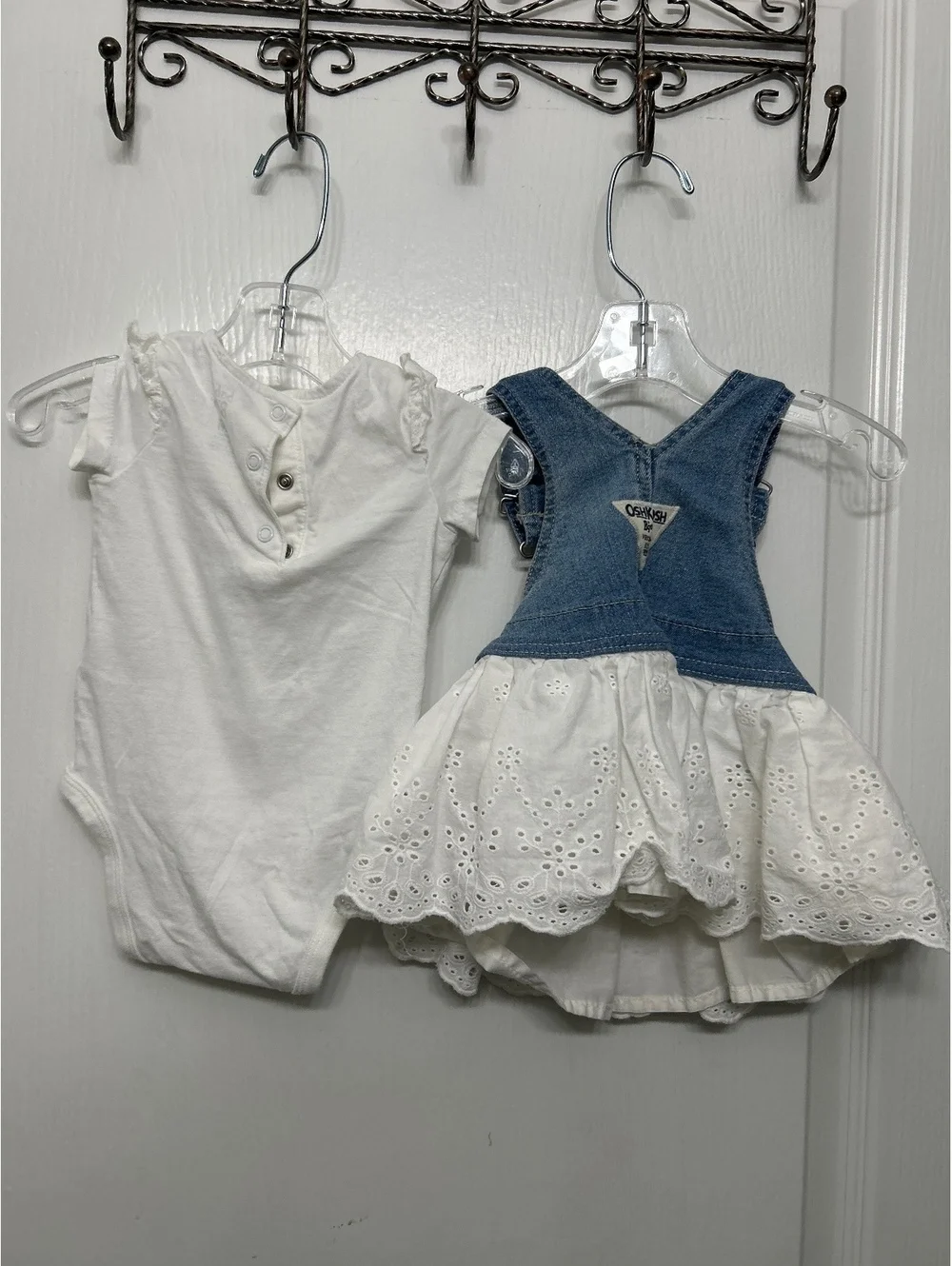 OshKosh B'gosh Baby Girl 6M White Bodysuit and Denim Skirt Overall Dress Set